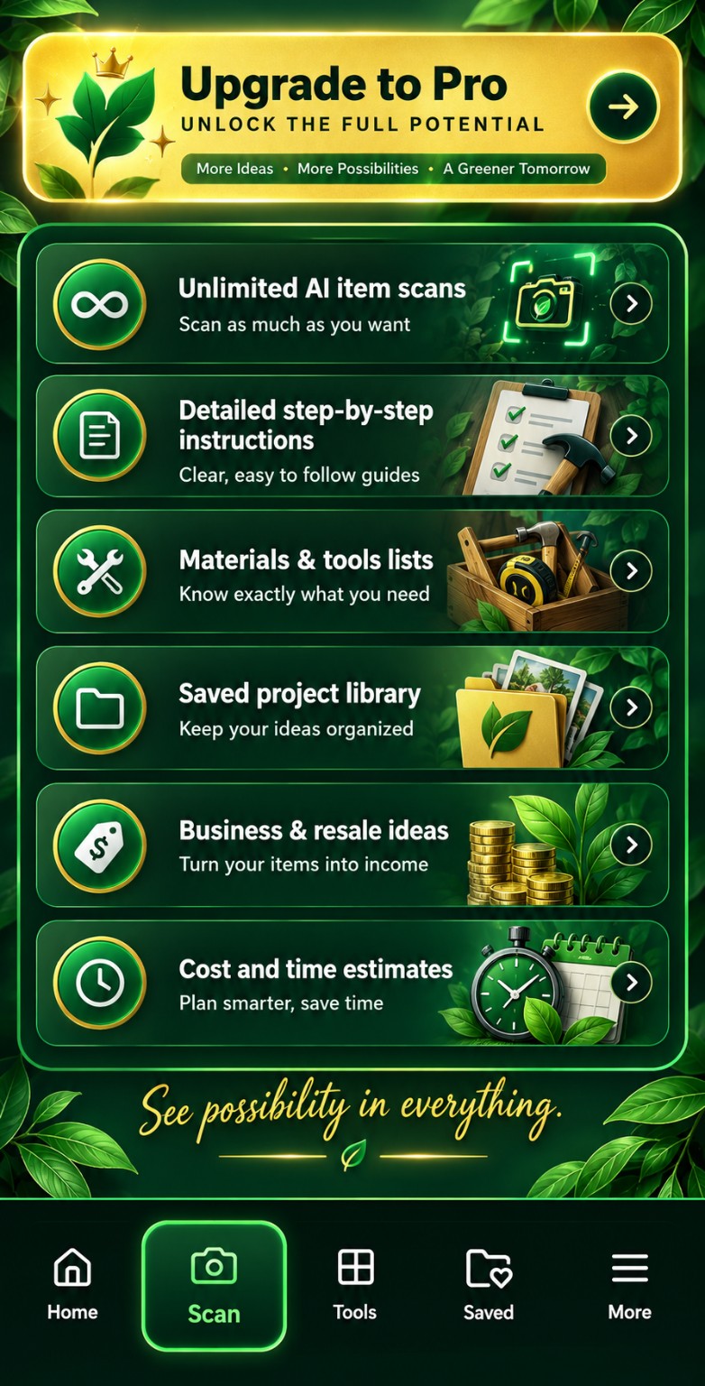 Upgrade to Pro: unlimited AI item scans, detailed step-by-step instructions, materials and tools lists, saved project library, business and resale ideas, and cost and time estimates.