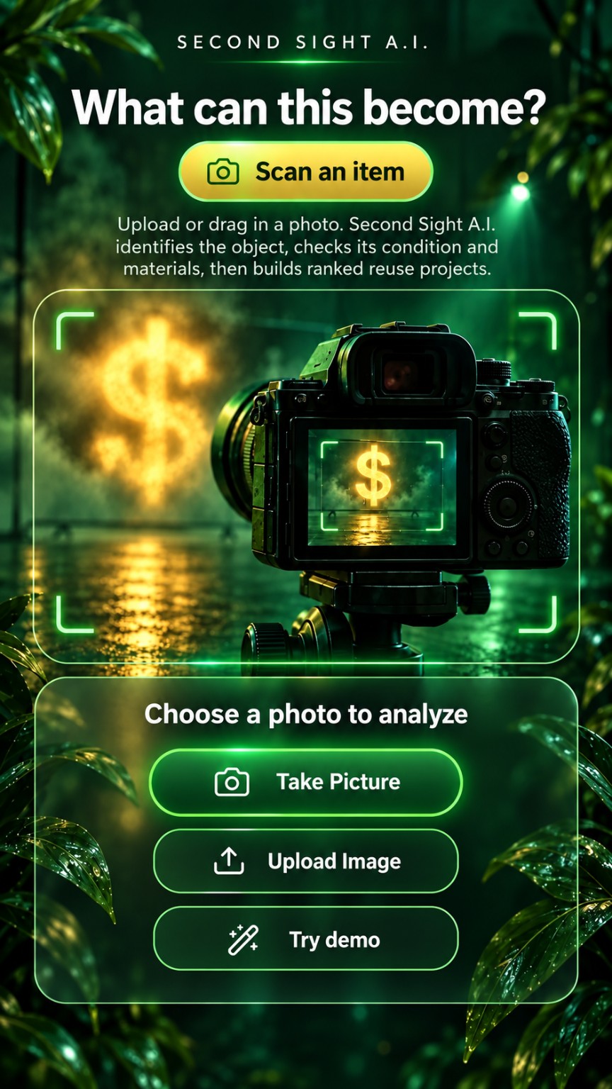Second Sight A.I. value scanner. Take a picture, upload an image, or try the demo to identify an item and discover ranked reuse projects.